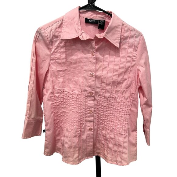 Allison Morgan Small Pintuck Pink Button-Up Pleated Blouse 3/4 Sleeve - Picture 1 of 7